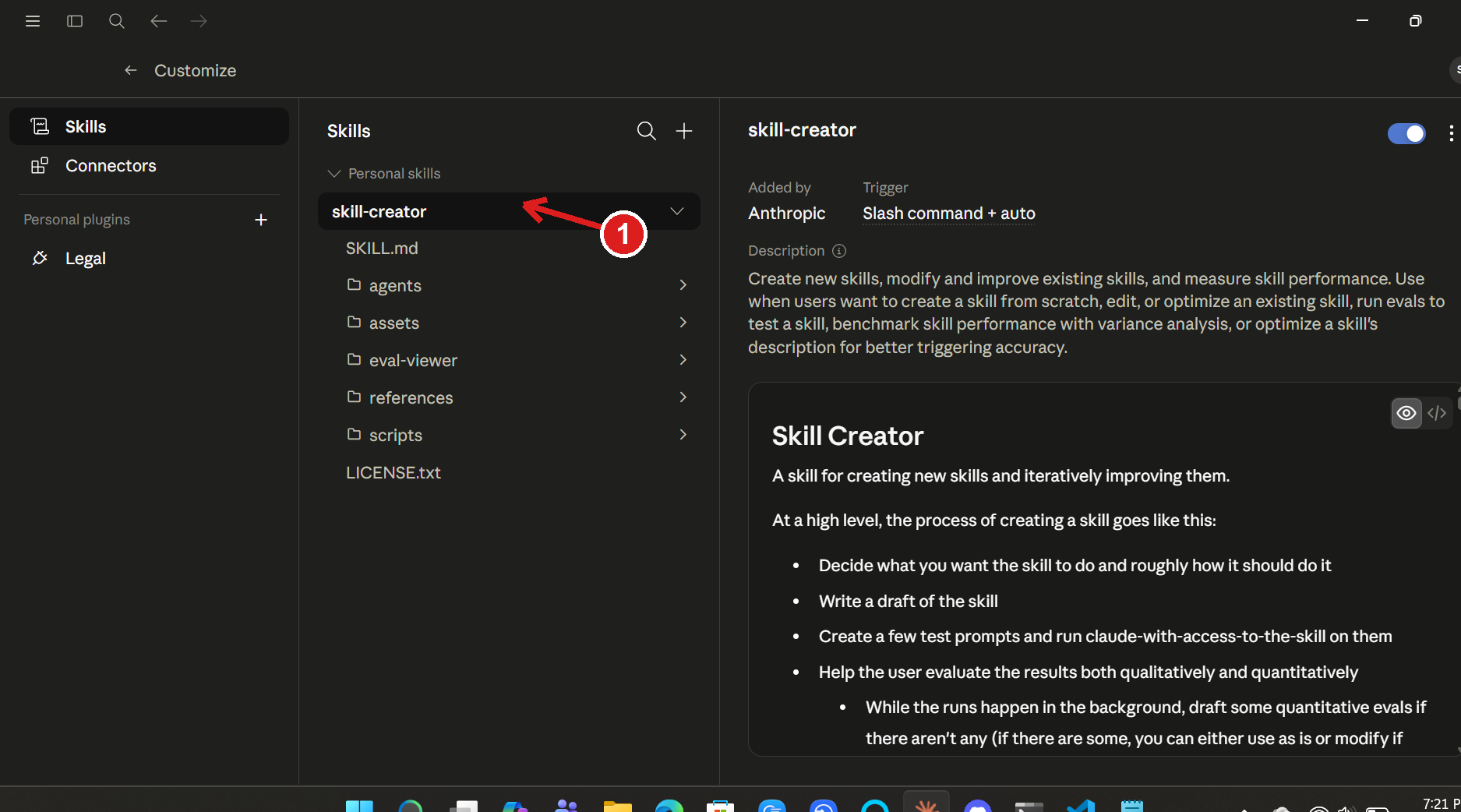 The Skills panel under Settings → Customize, with the + button at the top of the Skills list.