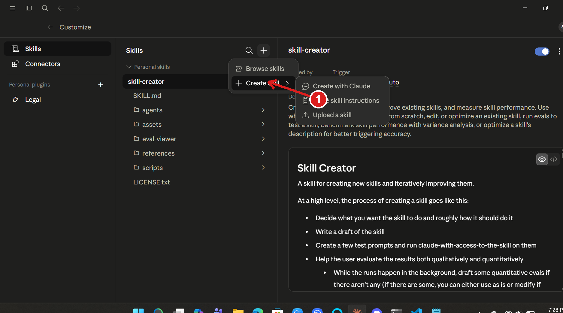 The + menu open, showing Create skill expanded to Create with Claude, skill instructions, and Upload a skill.